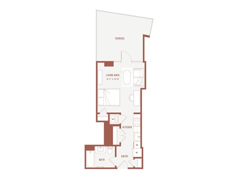 A floor plan of a house with a living area, kitchen, bathroom, and entry.